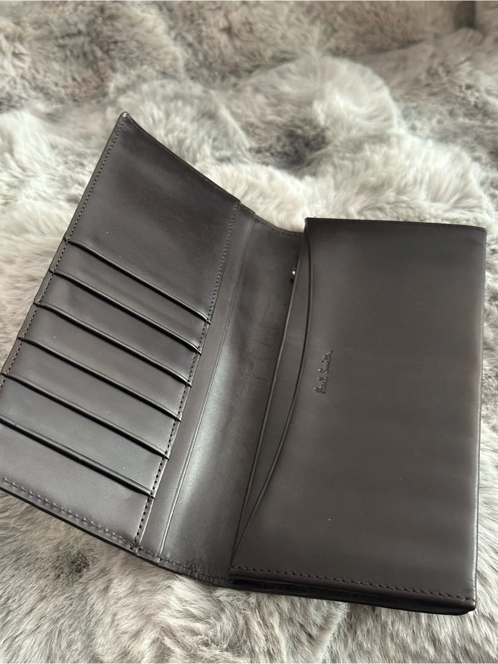 Paul Smith Dark Brown Leather Long Wallet for Men with Signature Stripe